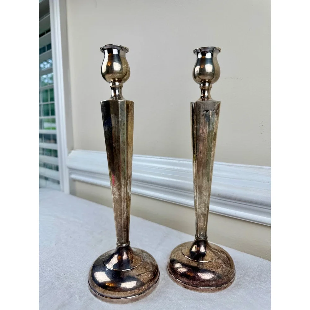 Vintage Sterling Silver Weighted Candlesticks Pair Art Deco Taper 9.5